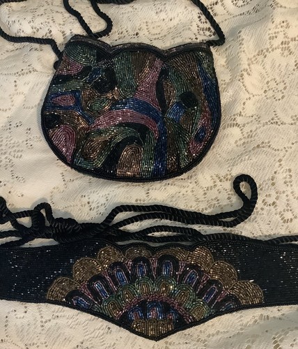 Vintage bunte Hand Perlen Schulter Clutch Handtasche und passender Gürtel - Bild 12 von 14