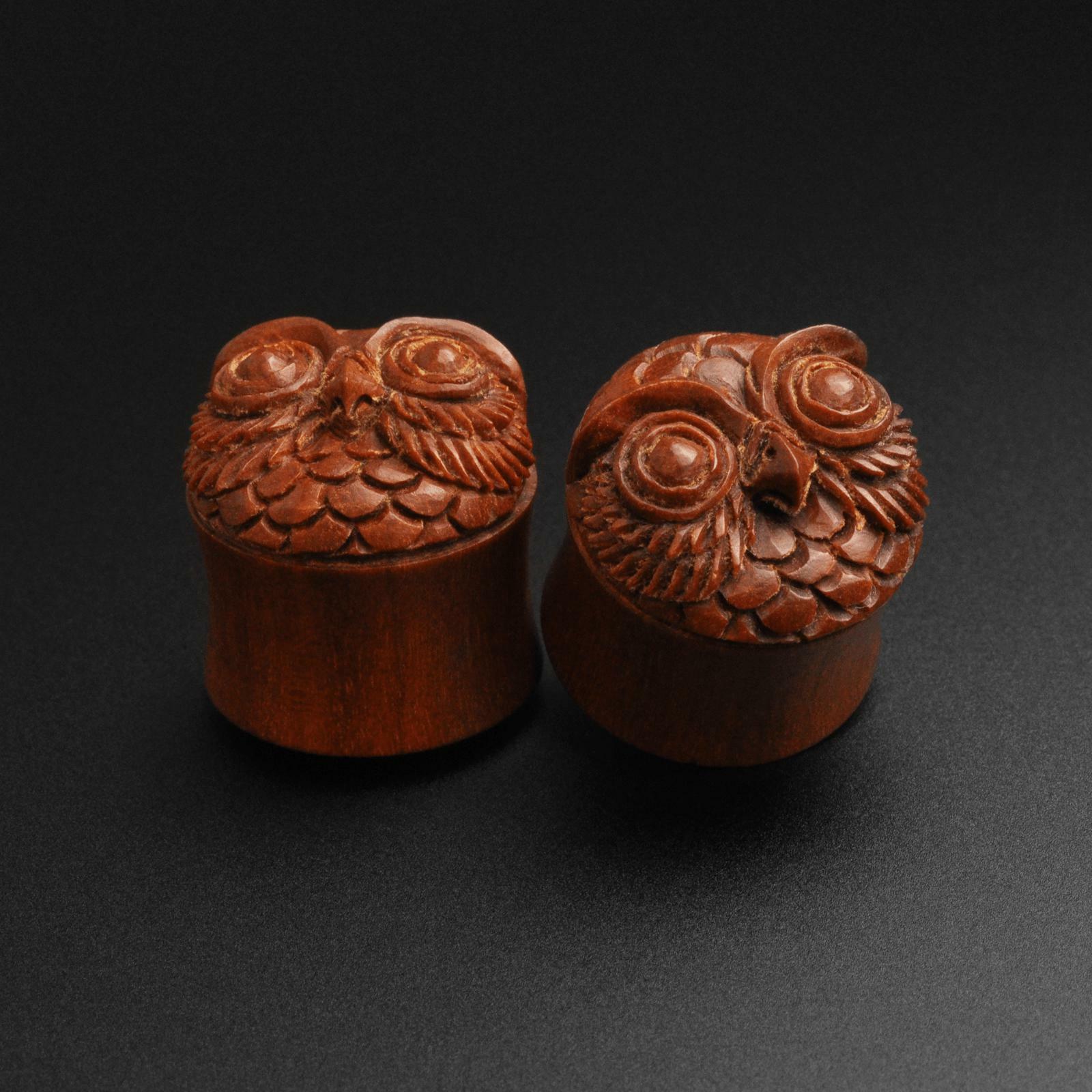 Wooden Ear Plugs Gauges Saba Wood Double Flare Plug With Owl Carving
