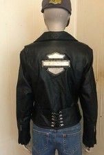 Harley Davidson Small Women’s Black Leather Jacket Bar & Shield Rare Metal Cool