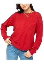 Peace Love World Women's Mixed Cable Cotton Sweater Red