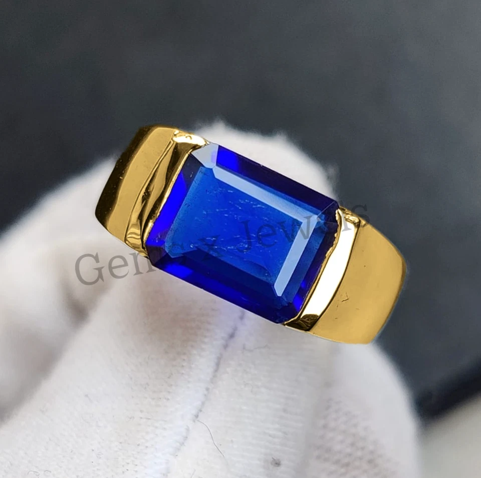 Anillo solitario de oro amarillo macizo de 14 quilates con zafiro azul natural corte esmeralda de 3 quilates para hombre Foto 4 de 4