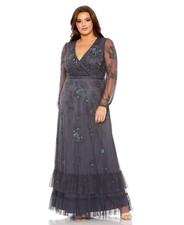 Mac Duggal Charcoal Gray V-Neck Tiered Embellished Tulle Gown Size 18W $798