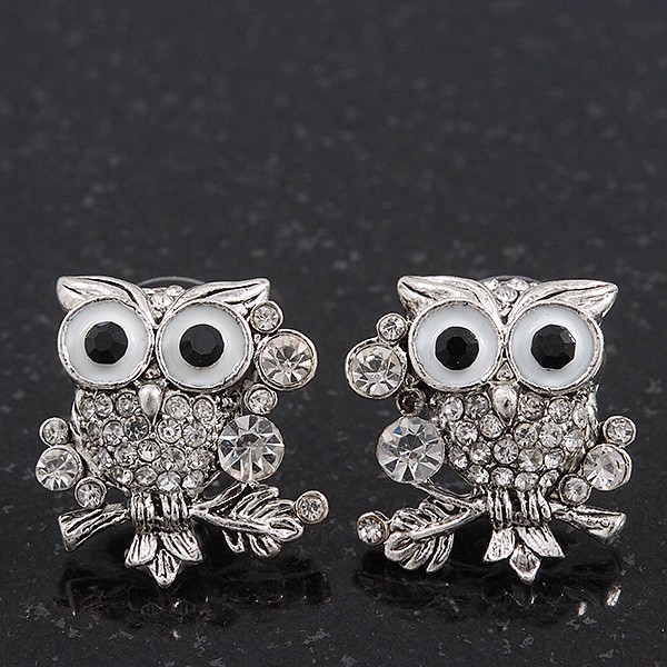 'Wise Owl' Crystal Paved Stud Earrings (Silver Plated) - 2cm Length