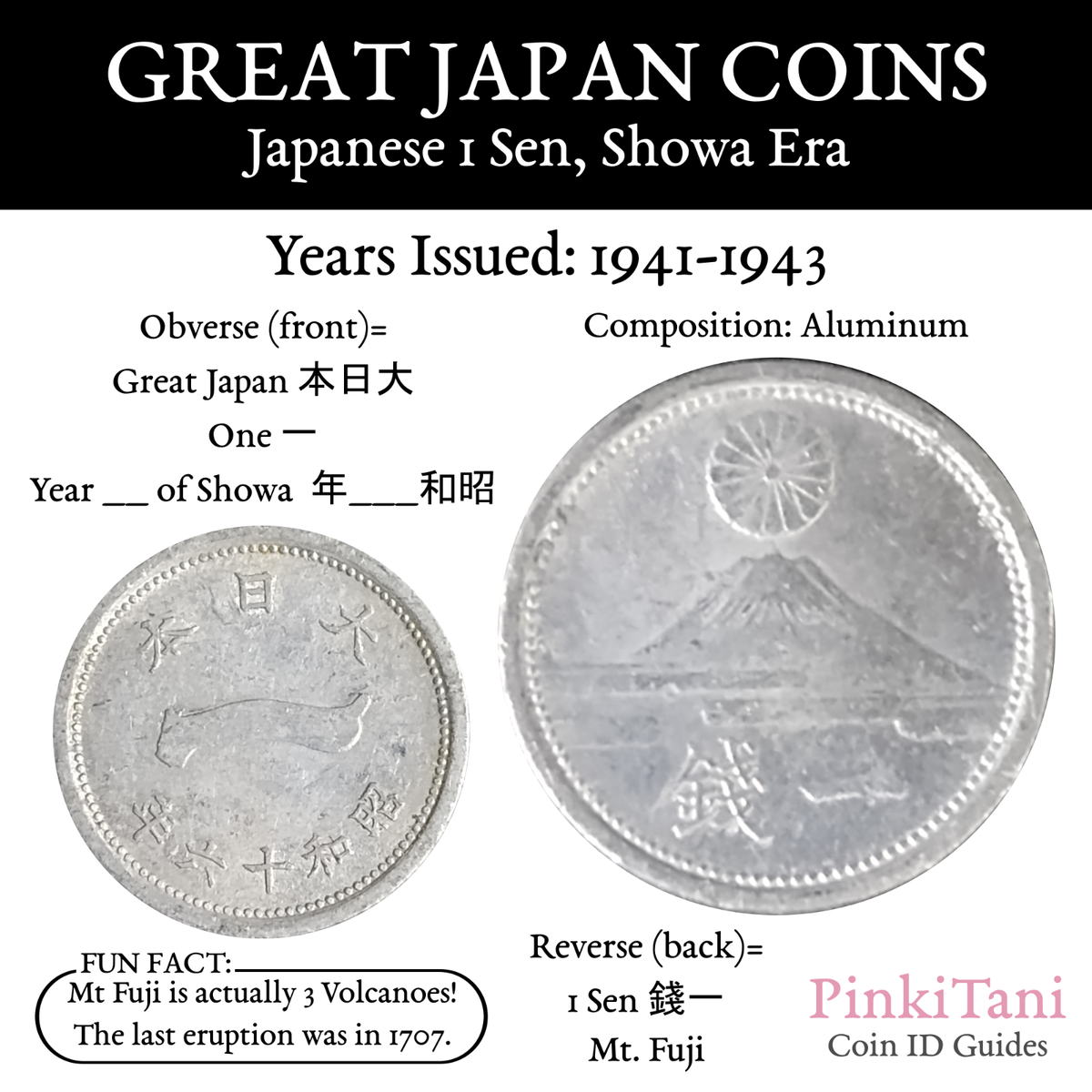 1942, Year 17 of Showa Era, Great Japan 1 Sen, Mt Fuji - Japanese