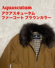 Aquascutum Coat Brown Fox Fur Collar Removable Elegant Design 66cm Length