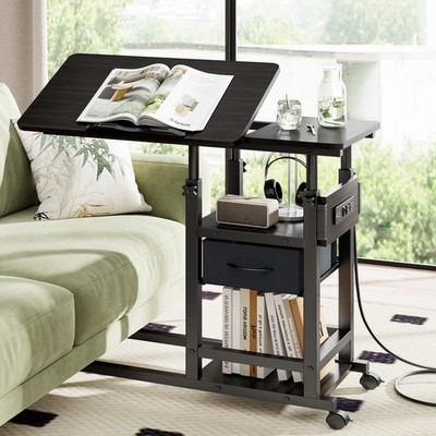 Height Adjustable Overbed Table with Wheel and Charging Station, Tiltable Des...