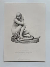 Antique Engraving female Nude Eve seated with serpent coiled at her feet Snake