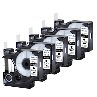 5PK 1/2''*23' Black on Clear Label Tape Standard For DYMO D1 A45010 12mm x7m