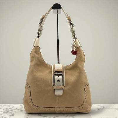 Coach Y2K Soho Beige Suede Perforated Shoulder Bag Silver Hardware Auth