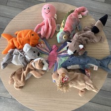 Ty Beanie Babies Plush Lot Of 9 Mixed Animals With Tags Shark Dog Butterfly