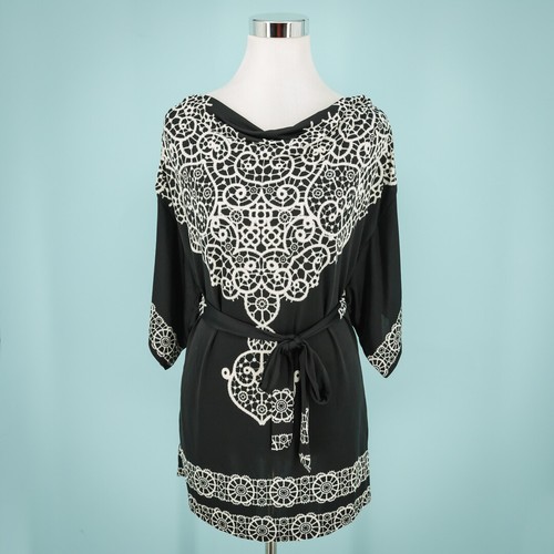 Clara Sun Woo Size Small S Black Geometric Print Cowl Drape Neck Tunic Top