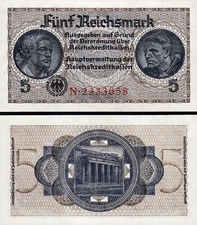 Germany 5 Reichsmark 1940 1945, UNC, P -R138, Swastika, Completely Watermark