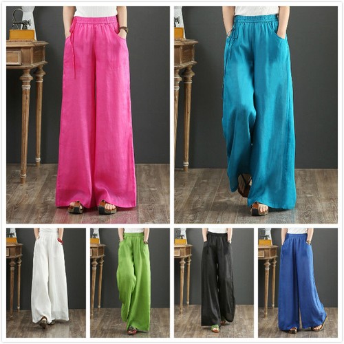 Women Cotton Linen Wide Leg Pants Loose 
