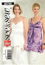 Butterick See & Sew B4769 Babydoll Camisole Top & Tunic, Mock Wrap Sz 14-20 UC