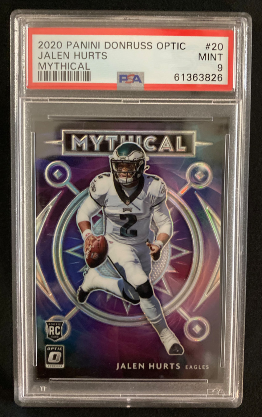 Jalen Hurts 2020 Donruss Optic Rookie MythicaL Prizm RC PSA 9, RARE Case Hit SP