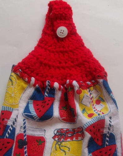 RED Yarn Crochet Top CANNING JAR FRUIT DRINKS Print Cotton Kitchen Dishtowel - Picture 3 of 3