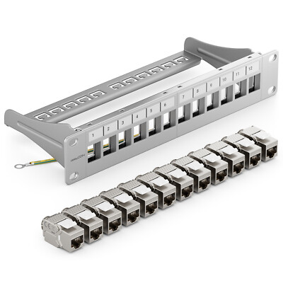 10'' Patchpanel 12 Port 1HE + 12x CAT6a Keystone Modul Kupplung Kabel Verbinder