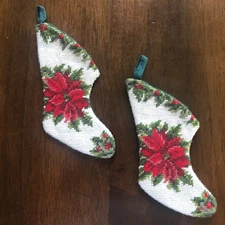 Embroidered Mini Stockings x2 Poinsettias Metallic Thread SWEET!