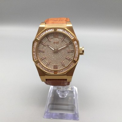 JBW Mens Watch 44mm Gold Tone Crystals Brown Leather Band  display picture 2