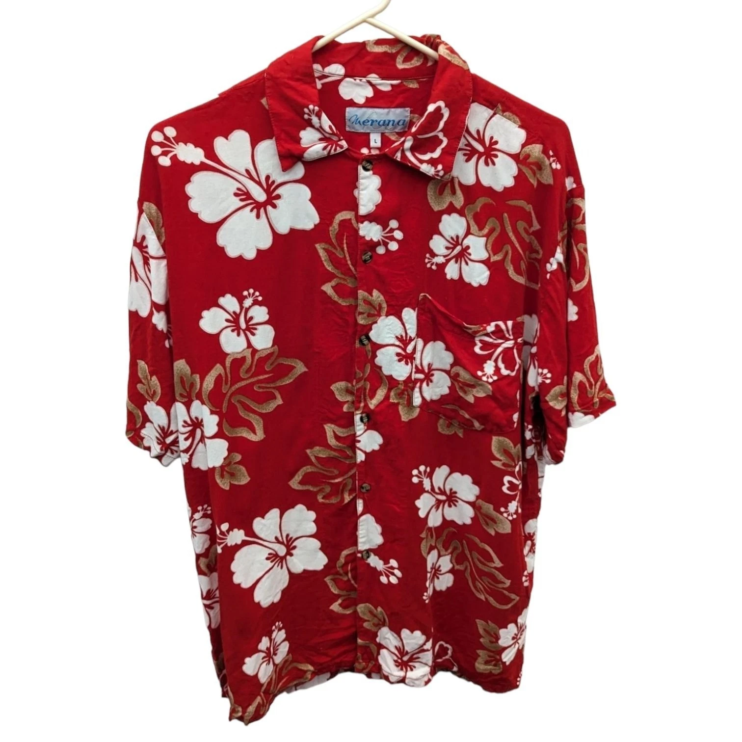 Vintage Merana Mens Red Floral Hibiscus Button Down Hawaiian Shirt Large L