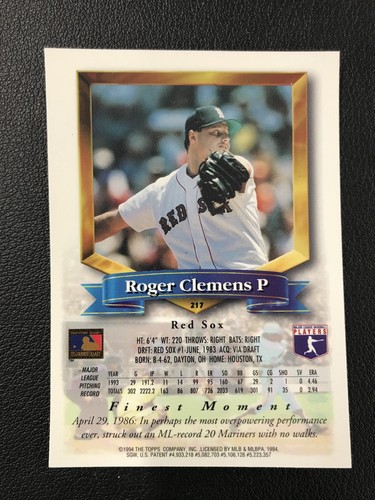 1994 Finest #217 Roger Clemens Boston Red Sox MINT - Picture 2 of 2