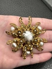 Miriam Haskell Gold Tone Pearl Rhinestone Flower Starburst Brooch Vintage READ