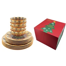 12-Piece Boho Dinnerware Set for 4, Bohemian Ceramic Plates & Bowls, Earth Tone