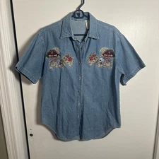 Bobbie Brooks Vintage Embroidered Denim Shirt - Farmhouse Cottagecore - Small