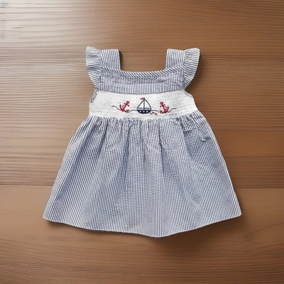 Good Lad Baby Girls Smocked Seersucker Sailboat Dress Blue White Pinstripe Sz 9M
