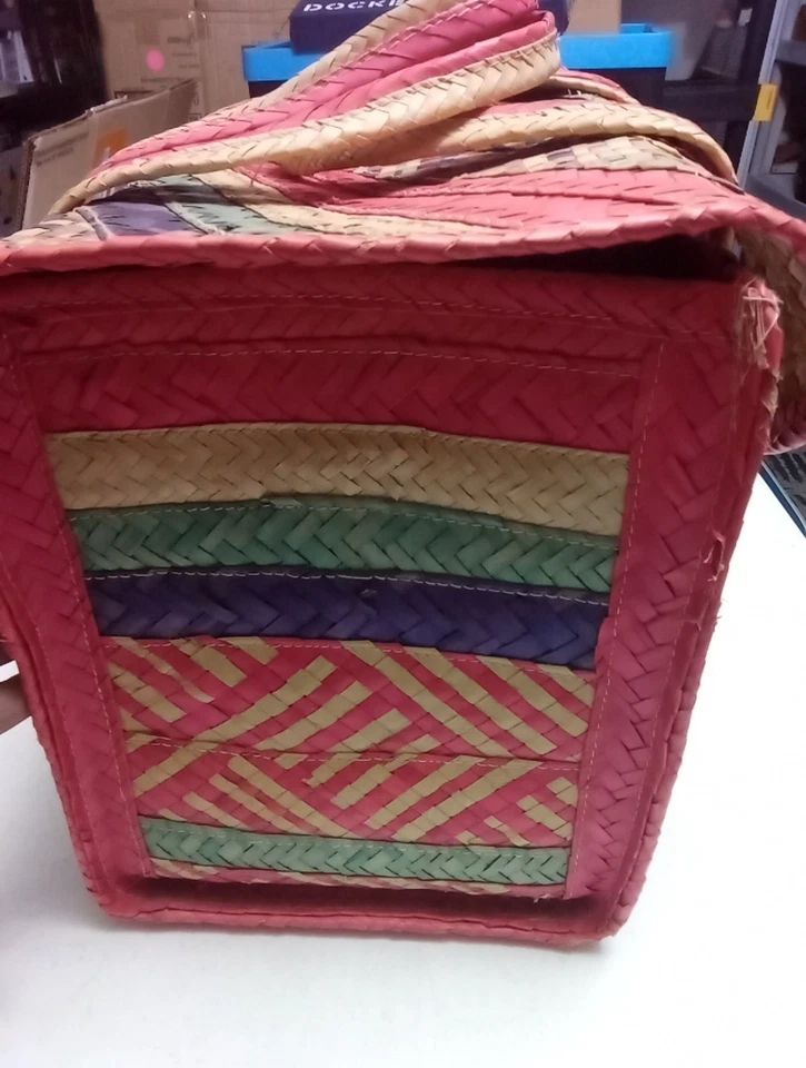 Mexico Edo. De Oaxaca Handmade Woven Large Colorful Straw Basket 9"×12"×16" - Image 4 of 4