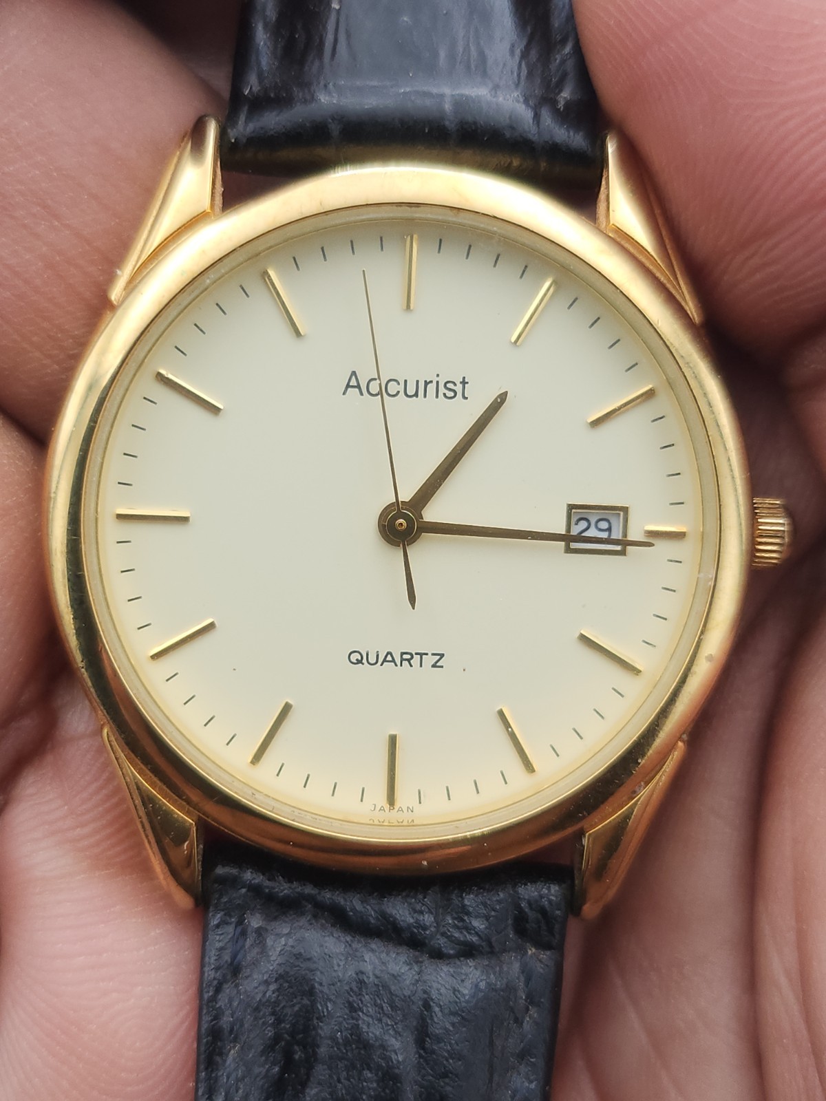 Accurist Quartz Date Cream Dial Gold Tone Stainless Steel Black Leather Watch image 4