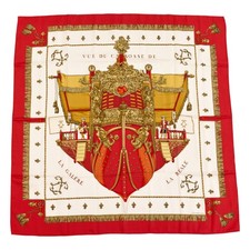 Hermes Silk Scarf Carre 90 "VUE DU CAROSSE DE LA GALERE LA REALE" Red Silk Scarf