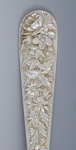 Antique Sterling Silver Kirk Repousse Flower Serving Spoon 9 1/2" - Picture 2 of 4