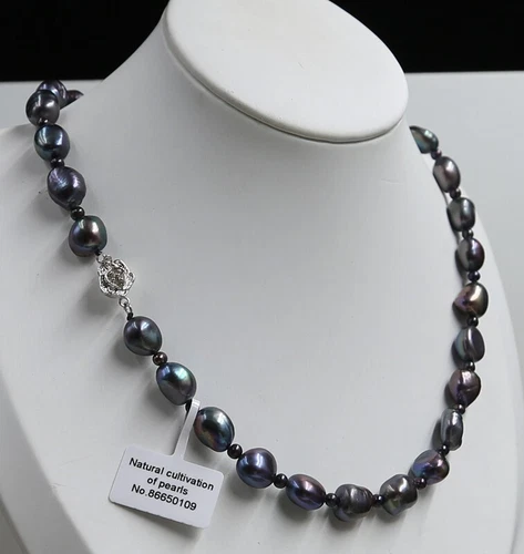 Genuine 11-12 mm black Baroque Pearl Pearl Necklace 18'' - Picture 3 of 4