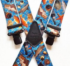 Mens Braces Heavy Duty 1.5" or 2" Sea Fishing Fish Light Blue Black Clips