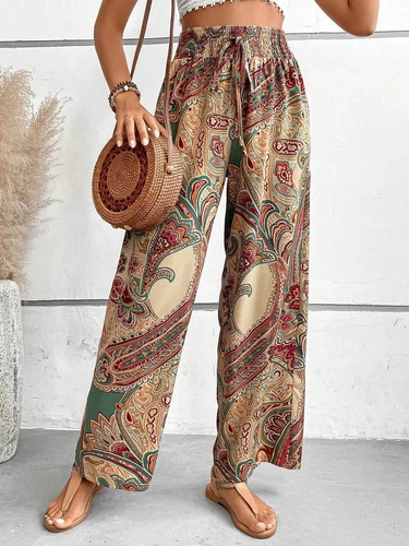 Damen Sommer Mode Blume Elastische Taille Weites Bein Hose- - Bild 25 von 29