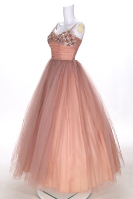 Unbranded Vintage 1950s Pink Crinoline Beaded Ballgown Pageant Prom Dress  3/4 | eBay