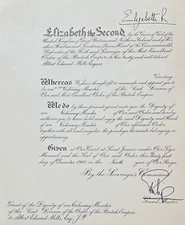 Queen Elizabeth II Signed OBE Certificate - Albert E Mills. Excellent Condition!