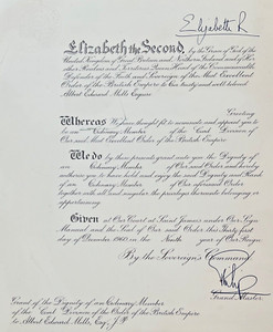 Queen Elizabeth II Signed OBE Certificate - Albert E Mills. Excellent Condition!