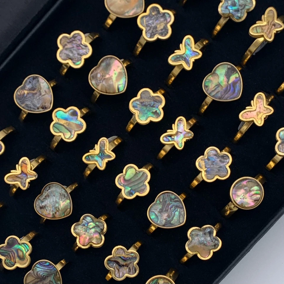 Lotes a granel 24 lindos anillos de oro concha de abulón de acero inoxidable para mujeres joyería de moda Foto 4 de 4