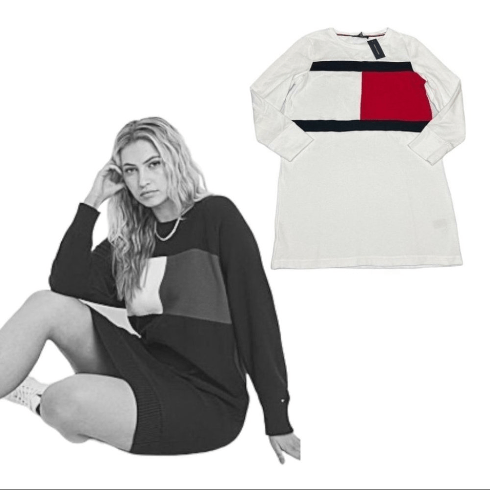 Tommy Hilfiger Women’s L Flag Logo Sweater Dress Casual Classic Red White Blue