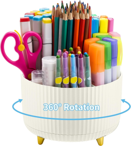 Desk Organizer, 360-Degree Rotating Pen Holder, 5-Compartment Pencil Organizer,