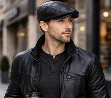 Men’s Black Genuine Lambskin Leather Newsboy Hat Flat Cap Classic