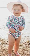 Ruffle Butts Toddler Girl One Piece Rash Guard Floral Swimsuit 6-12 Months EUC.
