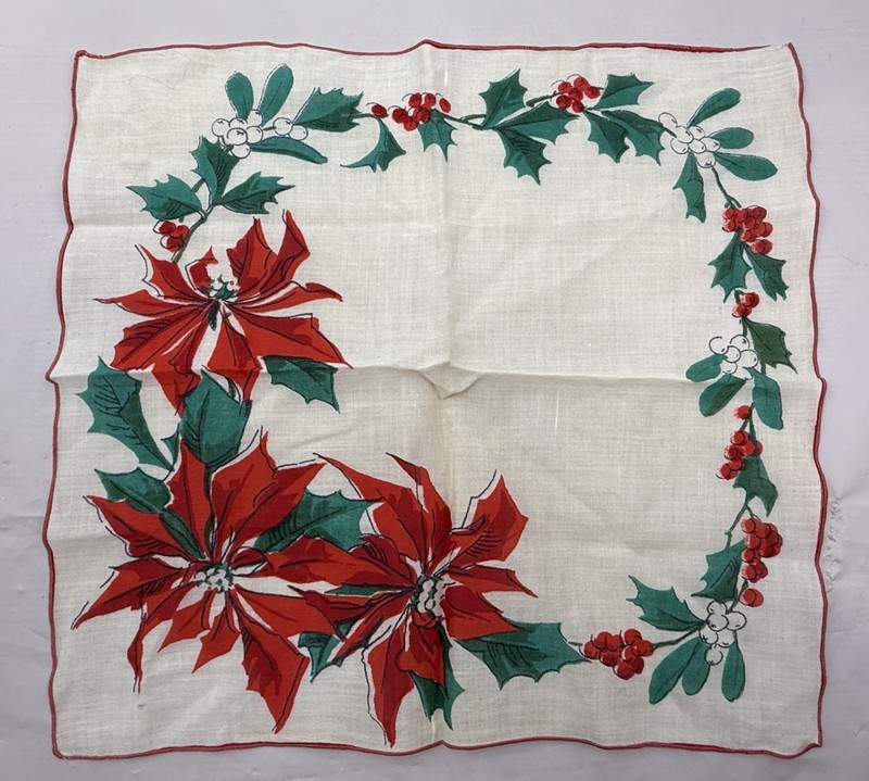 Vintage Christmas Hankie - Poinsettia Flowers, Holly, Mistletoe