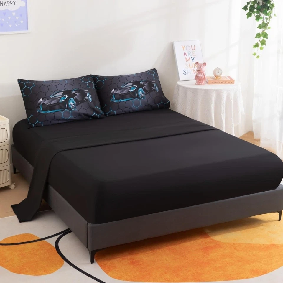 Conjunto de edredom para carro de corrida 5 peças tamanho duplo azul conjunto de roupa de cama para carro esportivo para menino 3 - Imagem 2 de 4