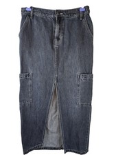 Old Navy Denim Cargo Maxi Skirt Mid-Rise Size 2 Blue Cotton Blend Front Slit