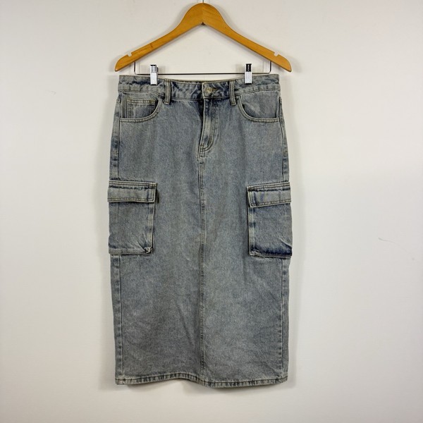 STNDRD Denim women's skirt straight blue denim cargo pockets midi length Size 10