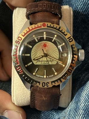 Vintage 80s Vostok Komandirskie Men s Manual Wind Date Watch Brown Leather Strap