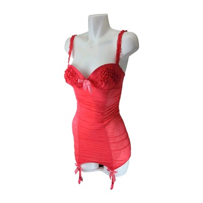 Victoria's Secret Sexy Babydoll Lingerie Womens 36C Red Ruffle Bow Garter Straps